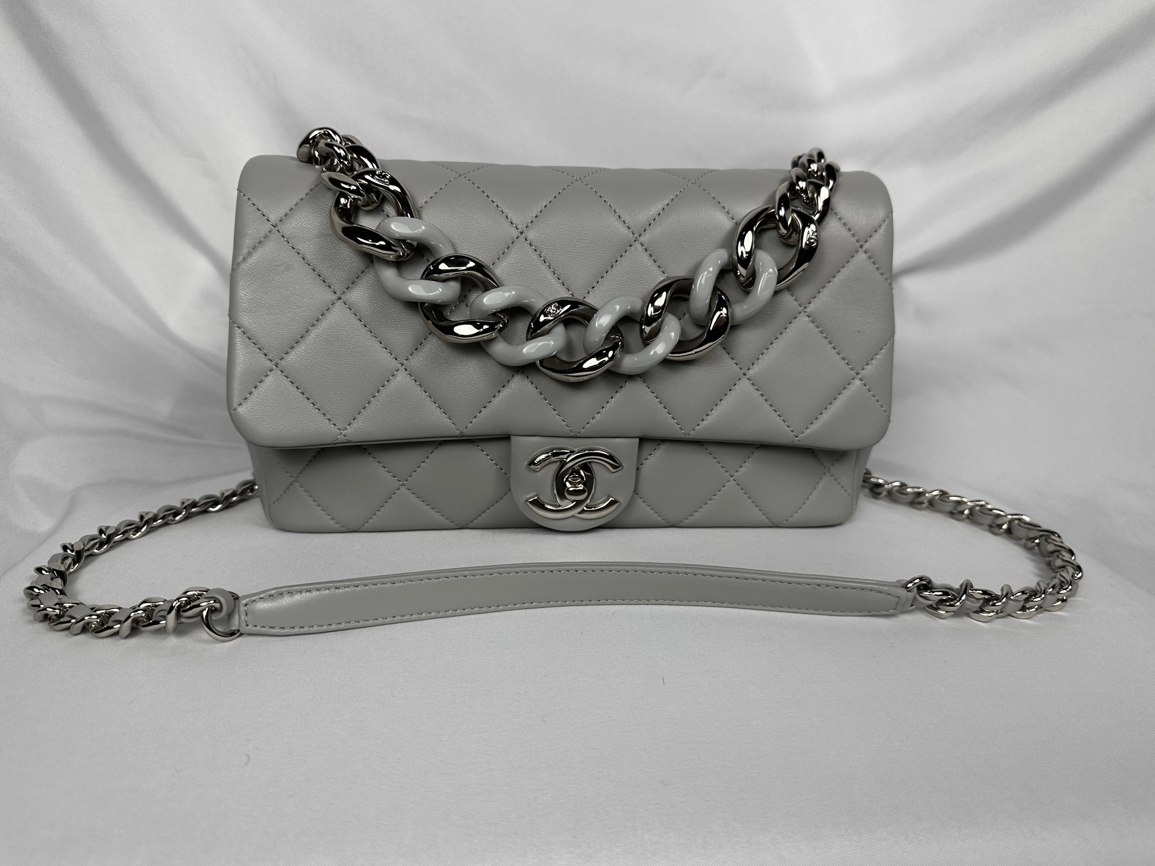 CHANEL Medium Flap In grey Quilted Lambskin Leather With Resin Bi Colo