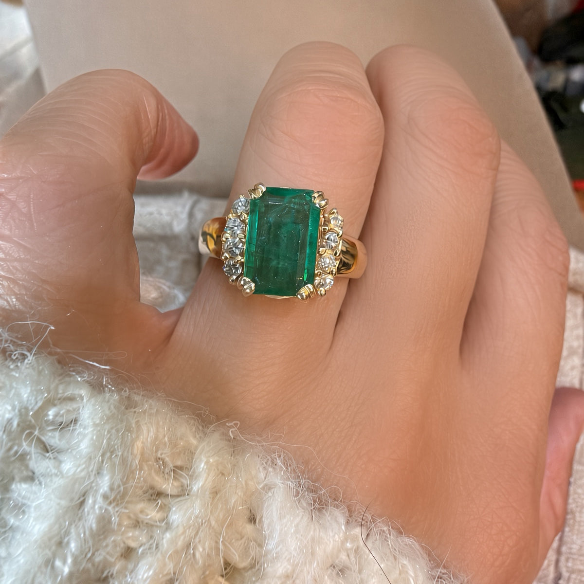 14K yellow gold emerald and diamond ring