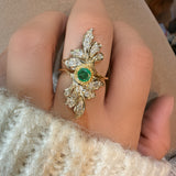 18K yellow gold diamond and emerald vintage elongated leaf ring