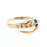 18K yellow gold diamond and sapphire snake ring